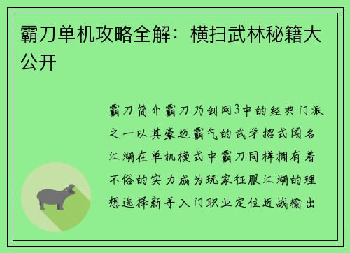 霸刀单机攻略全解：横扫武林秘籍大公开